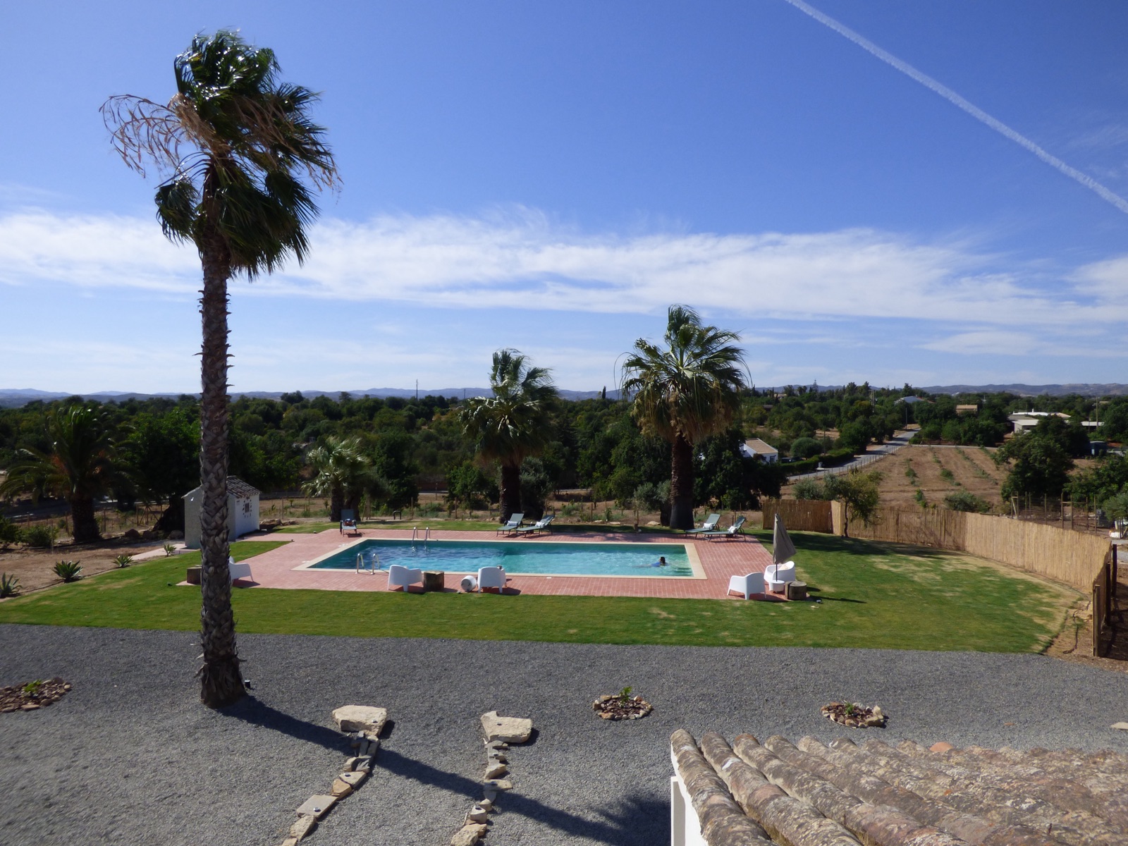 piscina e jardim relvado ao meio-dia